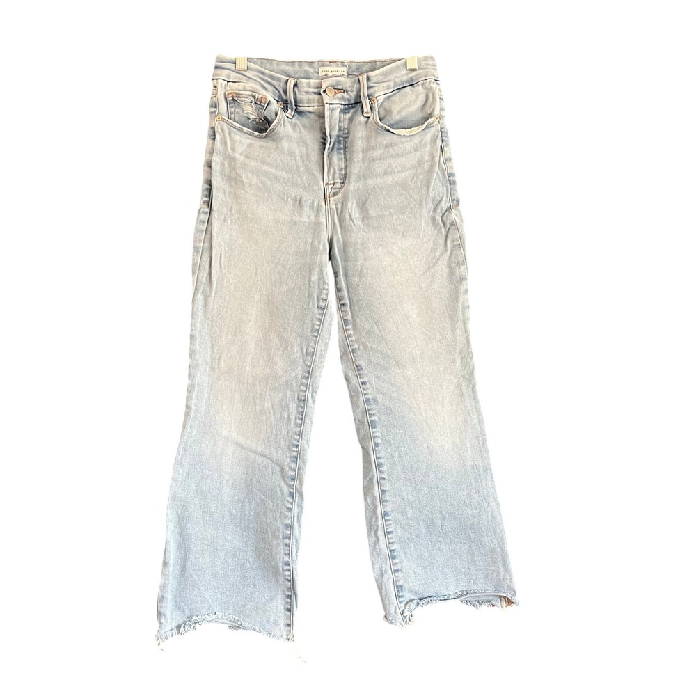 Good American Good Legs Crop Mini Boot Jeans Light Wash Raw Hem Size 8 29